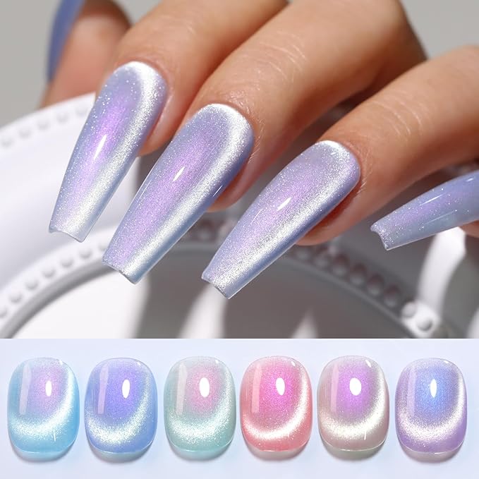 Double Rhythm 6 Colors Cat Eye Gel Polish Set Shimmer Glitter with Magnet Holographic Reflective Magnetic UV Nail Art Kit (6-Kit 11)