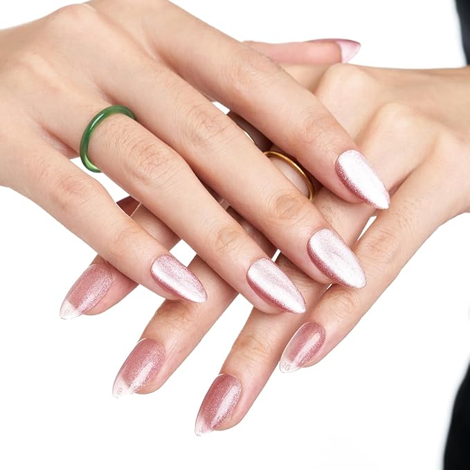 GLAMERMAID Pink Magnet Cat Eyes Press on Nails Short Almond, Handmade Jelly Gel Fake Nail Kits, Ombre Glitter Magnetic Glue on Nail Stiletto, Aurora Medium Oval Stick on False Nail Set for Women