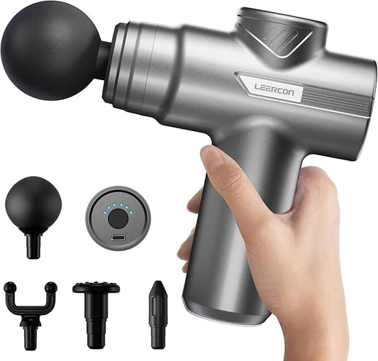 Mini Massage Gun, Deep Tissue Relief, 6 Speeds, 4 Heads, Portable for Travel, Office & Home, Gift for Men & Women (Gray)