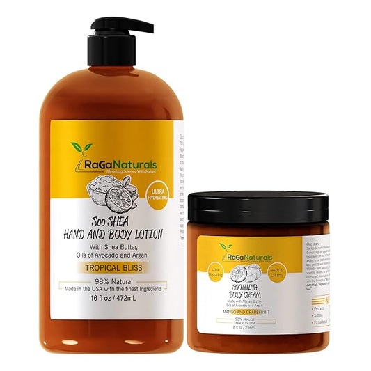 RaGaNaturals Tropical Body Lotion 16fl oz and Body Cream 8fl oz, Ultra Hydrating Moisturizer for Women, Men, Babies and Kids.