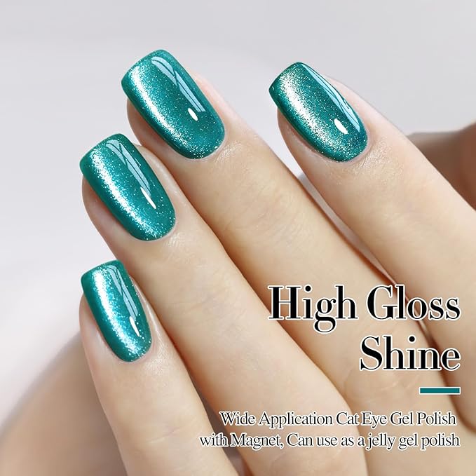 Double Rhythm 0.5 OZ Cat Eye Gel Polish with Magnet 15ML Holographic Glitter Shimmer Translucent Jelly Color Magnetic Gel Polish Salon DIY at Home (Teal-MC1027)