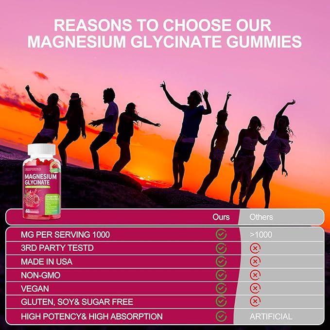 Magnesium Glycinate Gummies 1000mg - Sugar-Free Magnesium Potassium Supplement with Vitamin D, B6, CoQ10 for Adults & Kids,High Absorption for Calm Mood & Sleep Support - 60 Raspberry Gummies