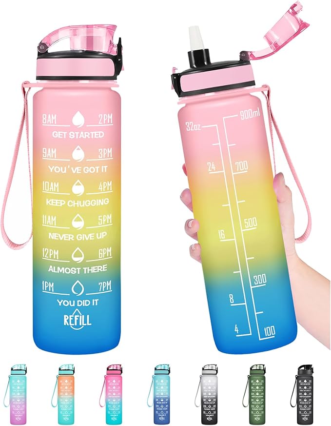 Enerbone Water Bottle, Leakproof BPA & Toxic Free, Motivational Water Bottle with Times to Drink and Straw, Fitness Sports Water Bottle with Strap for Office, Gym, Outdoor Sports