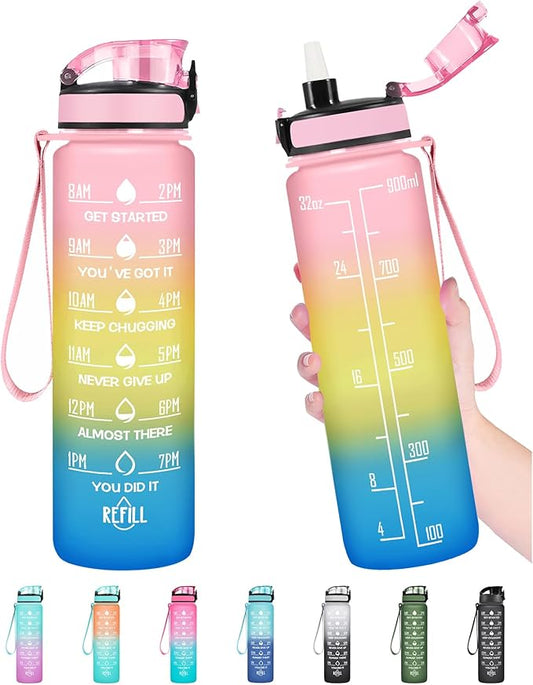 Enerbone Water Bottle, Leakproof BPA & Toxic Free, Motivational Water Bottle with Times to Drink and Straw, Fitness Sports Water Bottle with Strap for Office, Gym, Outdoor Sports
