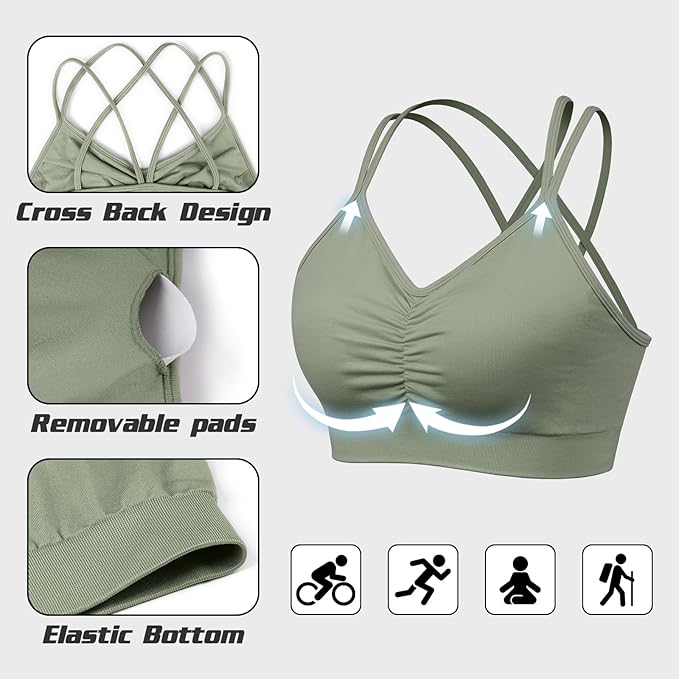 Women's Cross Back Sports Bra Padded Strappy Medium Support Yoga Bra for Workout Fitness 3 Pack