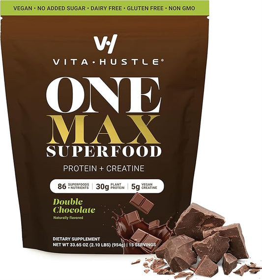 VitaHustle ONE Max Protein + 5g Creatine, 30g Plant Protein Powder, All-in-One Meal Replacement Shake with Greens, Adaptogens, Ashwagandha, Probiotics & Vitamins – Double Chocolate, 15 Servings
