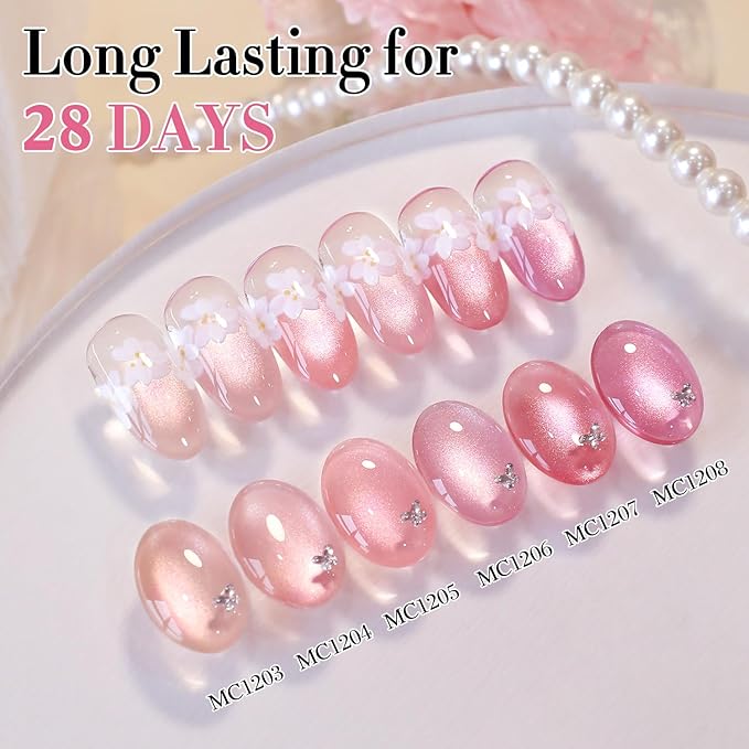 Double Rhythm Cat Eye Gel Nail Polish Set of 6 Same Color Same Bottle 0.5 Oz Shimmer Glitter with Magnet Holographic Reflective Magnetic UV Nail Polish Kit at Home (Glass Nude Pink Rose-T6-45)