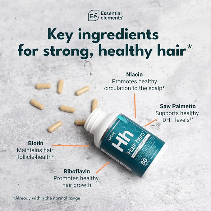Essential Elements Hair Hero - Hair Supplement for Women and Men - Powerful Hair Vitamin Formula for Hair Growth & Thickness - Healthy Hair, Skin, and Nails Product - 5000 mcg Biotin, 30 Day Supply