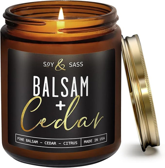 Balsam Candle, Christmas Candles Scented - 'Balsam + Cedar' Soy Candle, w/Balsam Fir, Cedar & Citrus - Infused with Essential Oils I Balsam Fir Candles I 9oz, 50Hr, Made in USA