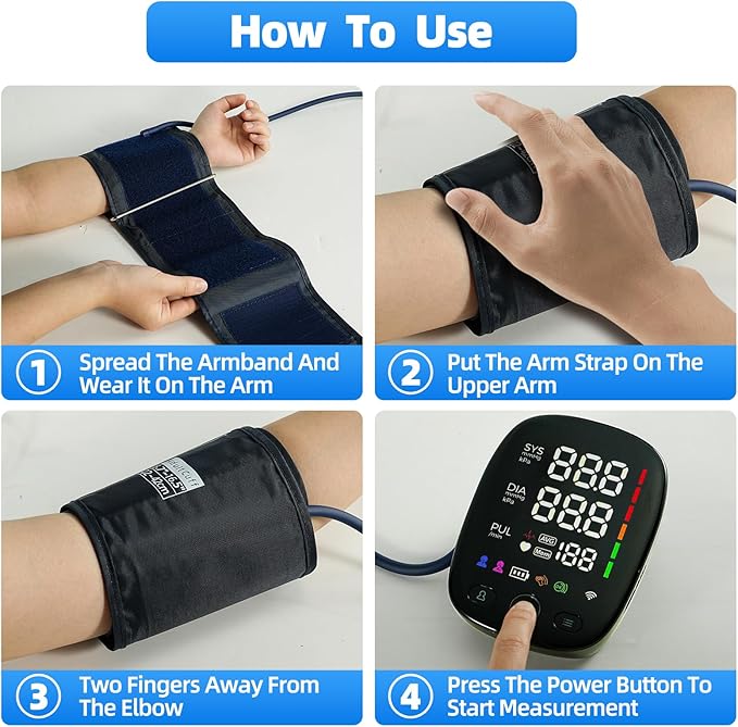 Automatic Upper Arm Blood Pressure Monitor for Home Use – One-Touch, LED Backlit Display, Bluetooth Sync, 8.7"-17.3" Cuff, Dual User 240 Readings, USB-C/Battery (4AA Included)