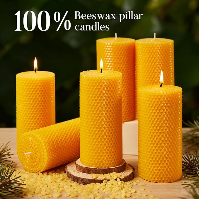 Beeswax Pillar Candles, 3x6 Inch -Set of 3 Hand-Rolled Honeycomb Candle - Long Burning 135+ Hours, Dripless Smokeless Unscented Handmade Beeswax for Home Decor, Prayer, Wedding,SPA