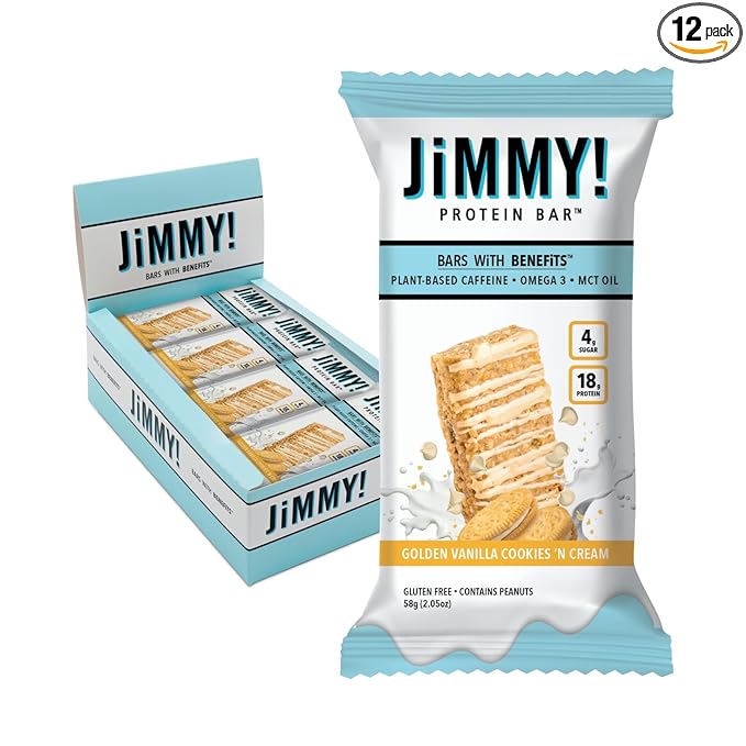 JiMMYBAR! - Golden Vanilla Cookies 'N Cream - 18g Protein Bars - Low 4g Sugar - 12 Count - Real Peanut Butter Base with Hand-Drizzled Chocolate 58g Protein Bar - Functional Meal Replacement Bars