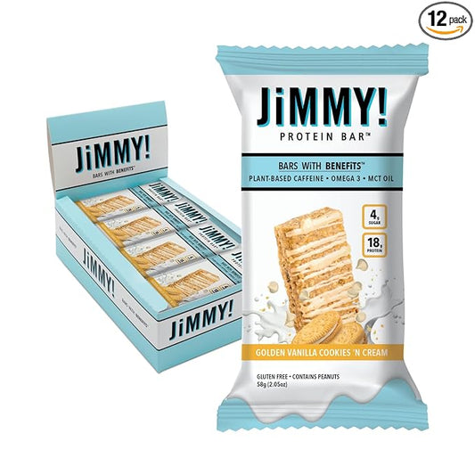 JiMMYBAR! - Golden Vanilla Cookies 'N Cream - 18g Protein Bars - Low 4g Sugar - 12 Count - Real Peanut Butter Base with Hand-Drizzled Chocolate 58g Protein Bar - Functional Meal Replacement Bars