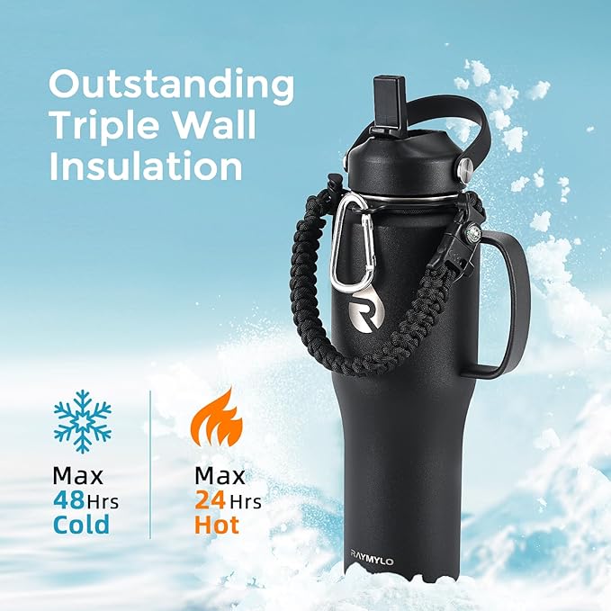 32oz Stainless Steel Water Bottle (Cold for 48 Hrs, Hot for 24 Hrs), Triple Wall Vacuum Insulated Water Bottle with Straw Lid, Spout Lid and Paracord Handle, Leakproof, Fit in Any Car Cup