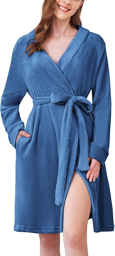 Ekouaer Women's Robes Short Plush Bathrobe Knee Length Warm Soft Jacquard Robe Winter House Coat with Pockets S-XXL