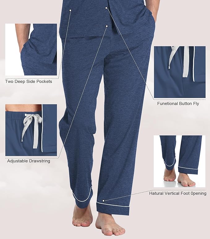 COLORFULLEAF Men's 100% Cotton Pajamas Set Button Down Sleepwear Short Sleeve and Long Pants Pjs