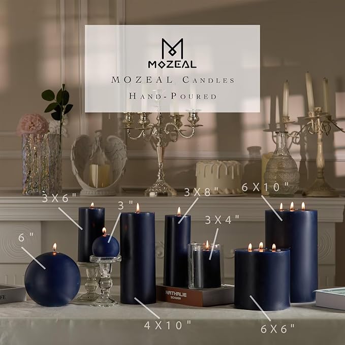 MOZEAL 3" x 4" Hand-Poured Unscented Candle,Dripless Pillar Candle Set of 3,Long Clean Burning,Approx 72 Hours Burn Time,Rustic Country Style,Wedding,Dinner,Christmas and Home Decor,Navy Blue
