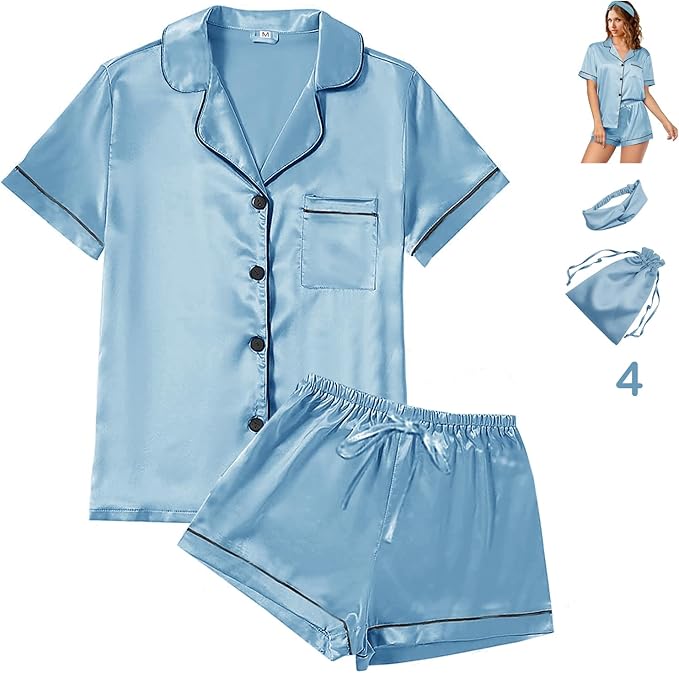4Pcs Womens Satin Silky Pajama Sets Short Sleeve Shirt XS-4XL Floral Pajamas Set Soft PJ Loungewear Sleepwear
