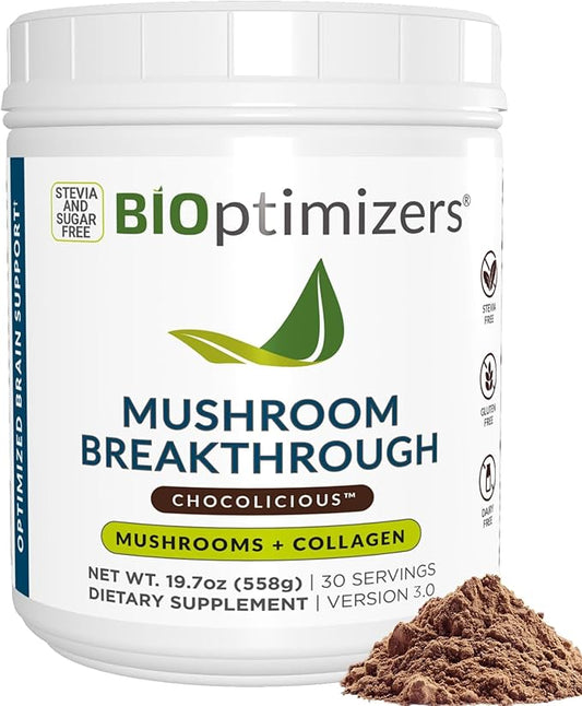BIOptimizers Mushroom Coffee Alternative – Chocolate Drink – Lion’s Mane, Chaga, Reishi + Collagen Peptides for Focus, Energy & Gut Health – Adaptogenic Mushrooms & MCT Powder – 30 Servings