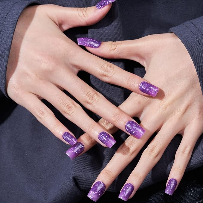 GLAMERMAID Thermochromic Ombre Press on Nails Medium Square, Thermo Purple Pink Glitter Shrimmer Gel False Nals, Glue on Nails Kit for Women, Reusable Stick on Acrylic Fake Nails Manicure Set