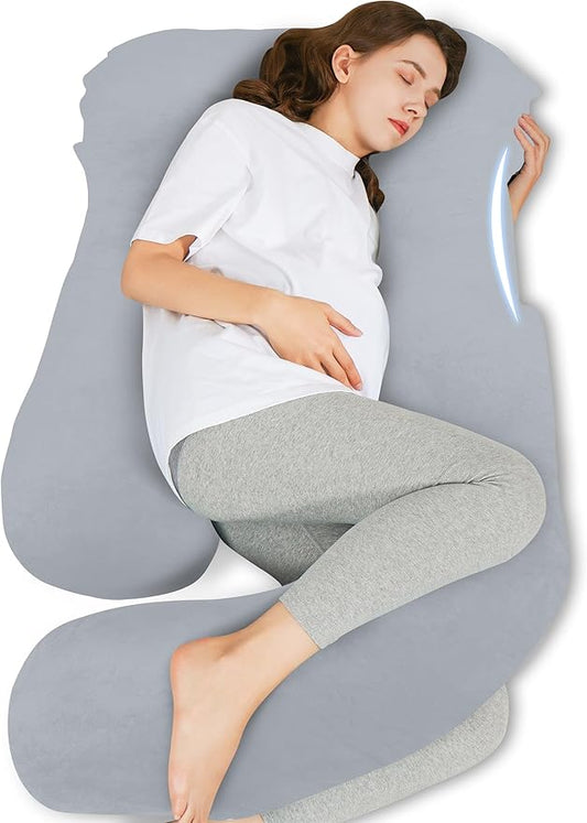 HIPHOP PANDA U-Shaped Pregnancy Pillow for Sleeping - Full Body Maternity Support Pillow with Cooling Removable Cover - Comfort for Back, HIPS, Legs, Belly - 57 Inch for Pregnant Women, Light Grey