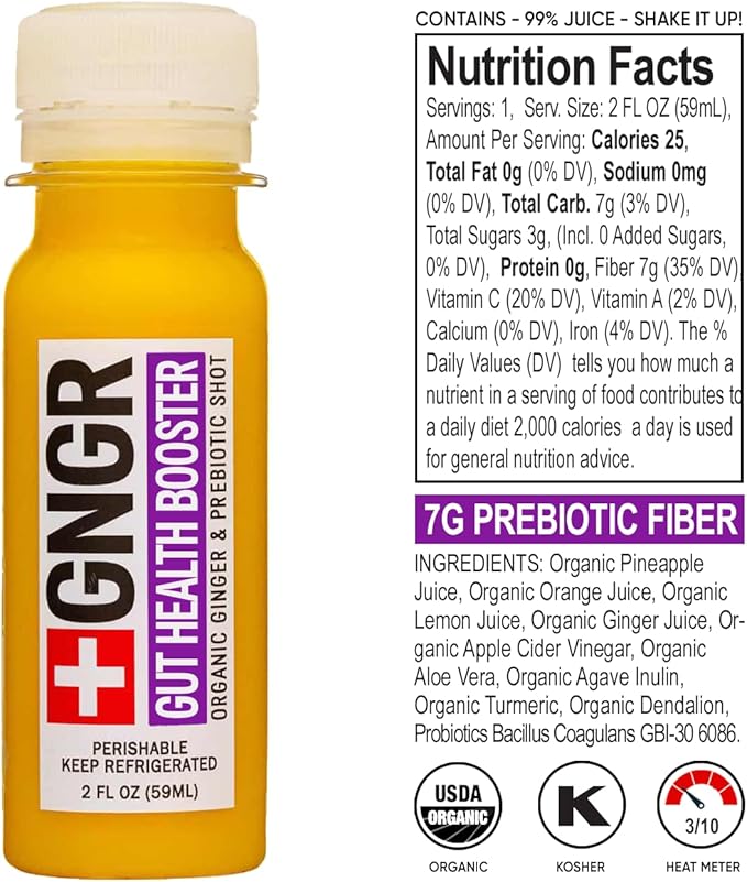 +GNGR Gut Health Booster + Colon Cleanse & Debloat, Less Cravings, Organic Ginger Shot with Apple Cider Vinegar, Aloe Vera, Pre+Probiotics, Turmeric. Immunty & Digestion. 2 fl oz (Pack of 12)