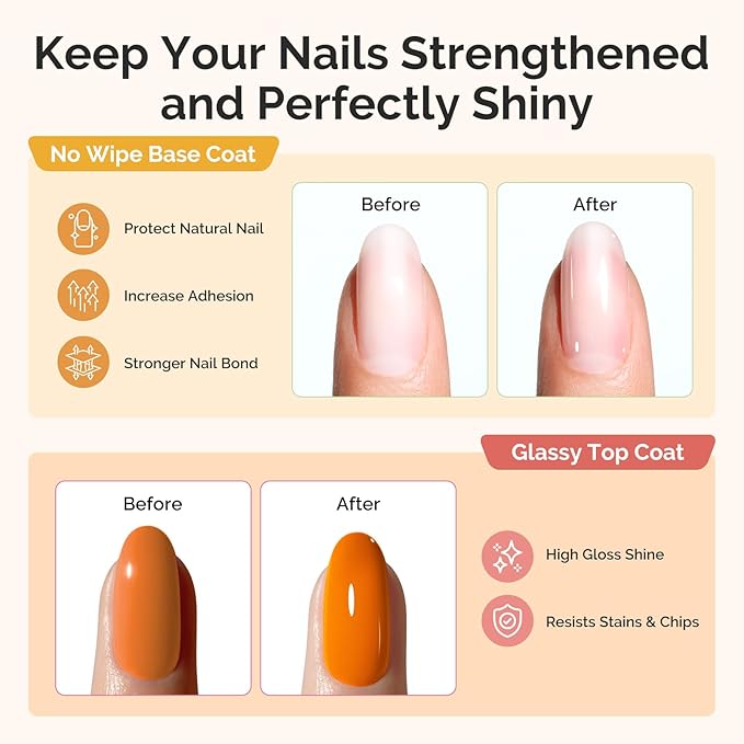 MelodySusie Plant-Based 16.5ml 2Pcs Gel Base and Glassy Top Coat Set, Unique Tilt-and-Stand Bottle for Easy Gel Access, TPO&HEMA&HPMA Free, No Wipe Foundation for UV Light Cured with Long Wear Shine