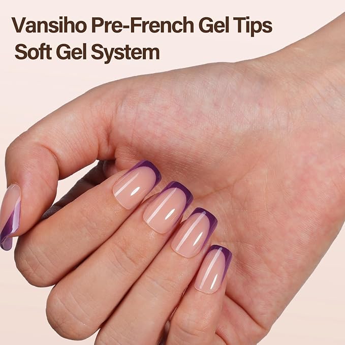 150Pcs French Gel Nail Tips, Vansiho Short Square Nail Tips, Purple Pre-French Tips Press on Nails, Soak Off Soft Gel Acrylic Fake Nails for Nail Art DIY 15 Sizes