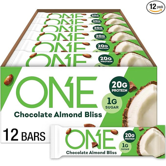 ONE Protein Bars, Chocolate Almond Bliss, Gluten Free with 20g Protein and 1g Sugar, Pantry Staples, 2.12 oz (12 Pack), Packaging May Vary