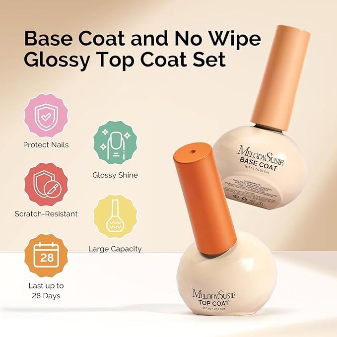 MelodySusie Plant-Based 16.5ml 2Pcs Gel Base and Glassy Top Coat Set, Unique Tilt-and-Stand Bottle for Easy Gel Access, TPO&HEMA&HPMA Free, No Wipe Foundation for UV Light Cured with Long Wear Shine