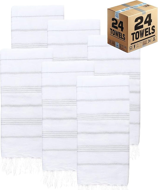Turkish Beach Towels, Bulk Case of 24 | Oversized, Quick Dry, Sand Free | 100% Cotton, Large 38x71 Towels for Beach, Pool, Travel | Ultra-Soft, Compact, Absorbent | White