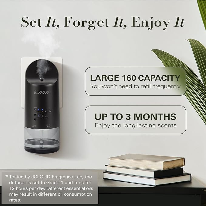 JCLOUD 2025 Plug in Diffuser | Cover Up to 500 Sq. Ft. for Home, Office, Spa – Portable Smart Wall Diffuser 160ML, Black with Royal Serenity Essential Oil Inspired by Luxury Hotel - 140mL