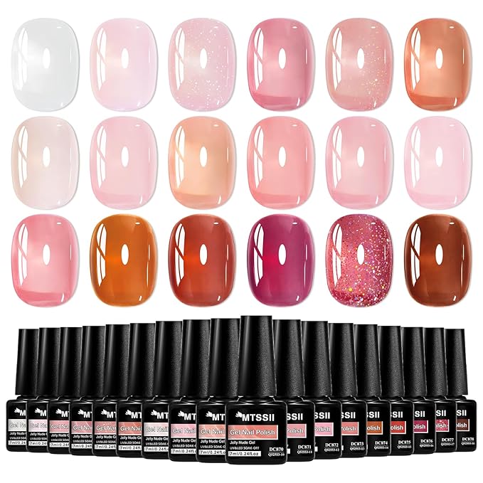 MTSSII 18 Pcs Jelly Gel Nail Polish Set, Pink Nude Sheer White Red Glitter Nail Polish Kit Translucent Soak Off UV Gel Long Lasting Suitable for Home and Salon