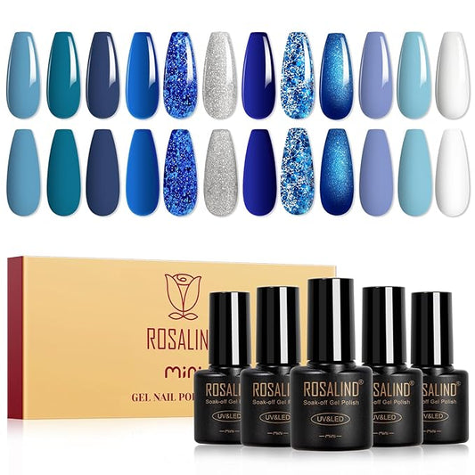 ROSALIND Blue Gel Nail Polish Set, 12 Colors Blue Shades Gel Polish Soak Off Aquarius Winter Gel Polish Set for Nail Art Gift