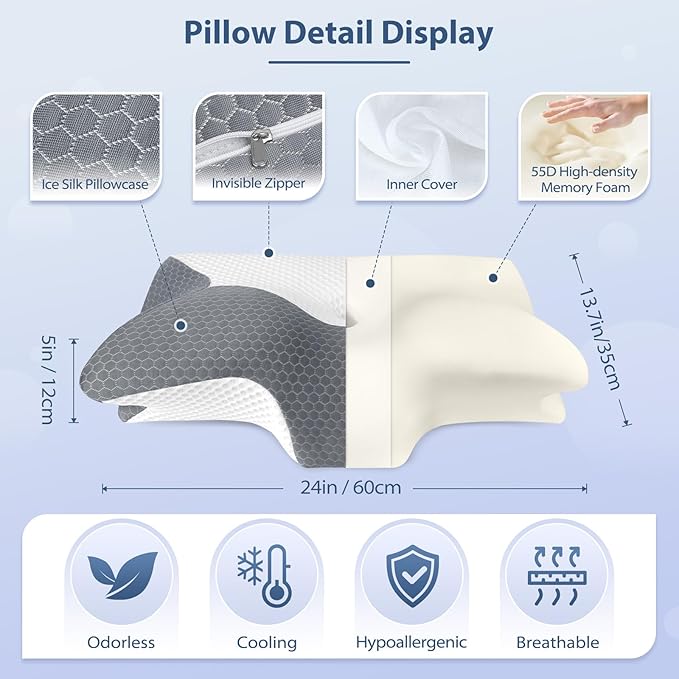 HOMCA Cervical Pillow, Ergonomic Memory Foam Pillow for Neck and Shoulder Pain Relief with Cooling Ice Silk Pillowcase, Orthopedic Neck Bed Pillow for Side, Back and Stomach Sleepers