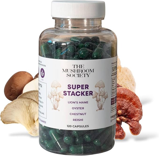 Super Stacker - 4-in-1 Mushroom Supplement Wellness Blend - Lion’s Mane, Oyster, Chestnut & Reishi - Immune, Focus & Daily Vitality - 120 Vegan Capsules