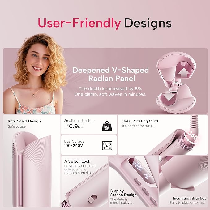 Crimper Waver Tool LENA S17S for Short Hair, Compact Styler with Titanium Barrel, Fast Heating, Adjustable Temp, Anti-Scald Design, Auto Shut-Off, Negative Ions, Pink