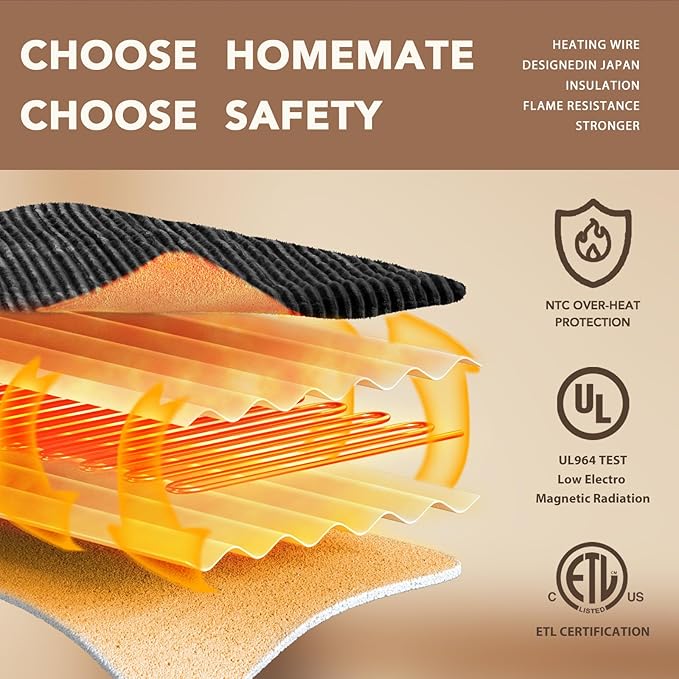 Homemate Heated Blanket Electric Throw - 50"x60" Heating Blanket Throw 1/2/4/6/8 Hours Auto-Off 10 Heat Levels Over-Heat Protection Soft Flannel Sherpa ETL Certification