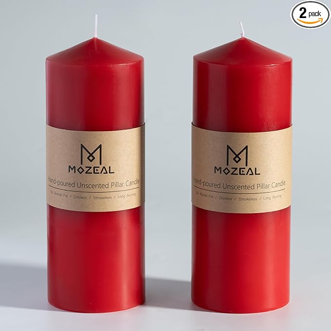 MOZEAL 3" x 8" Hand-Poured Unscented Candles,Large Red Pillar Candles Set of 2,No Drip,Approx 120 Hours Long Burning,Wedding,Dinner,Christmas and Home Decor（3 Inch Diameter 8 Inch Height）