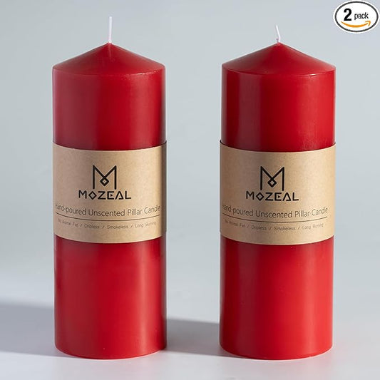 MOZEAL 3" x 8" Hand-Poured Unscented Candles,Large Red Pillar Candles Set of 2,No Drip,Approx 120 Hours Long Burning,Wedding,Dinner,Christmas and Home Decor（3 Inch Diameter 8 Inch Height）