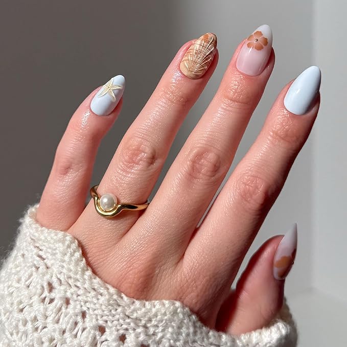 Glamnetic Press On Nails - Sea Star | Short Almond Seashell Nails with 3D Nail Art, Salon Quality Summer Nails | 15 Sizes - 30 Nail Kit with Glue