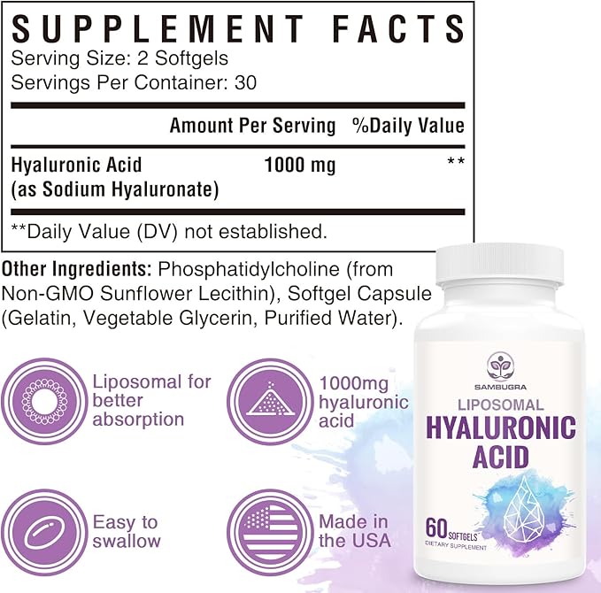 Liposomal Hyaluronic Acid 1000mg, High BioavailabilityHyaluronic Acid Capsules, Dietary Supplement Support Skin and Bones, 120 Capsules (Pack of 2)