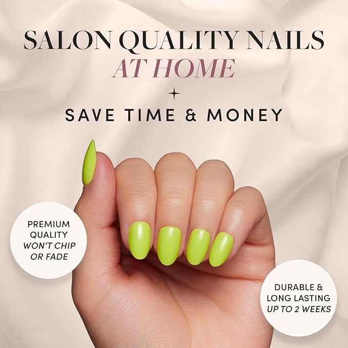 Glamnetic Press On Nails - Lime Green | Opaque Bright Neon Green Short Oval Fake Nails, Salon Quality | 15 Sizes - 30 Nail Kit