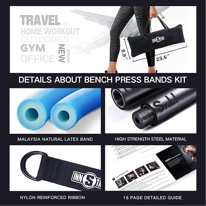 INNSTAR Resistance Bands Bar Exercise Bands Attachment 38" Black Max Load 800lb for Home Gym Workout Full Body Workout Power Lifting Fitness Bar