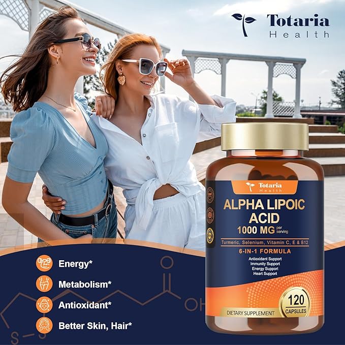 Totaria Alpha Lipoic Acid 1000mg - ALA Supplement Antioxidant for Neuropathy Support Nerve Health, Liver Detox, Antioxidant, Metabolism and Cell Energy, Anti-Aging - Non-GMO, Gluten Free, Vegan Safe