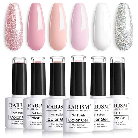 RARJSM French Manicure Gel Polish Set, Light Pink Gel Nail Polish, White Nude Glitter Nail Polish Set 6PCS 7.5ML Gelpolish Colors for All Seasons Nail Art DIY Home