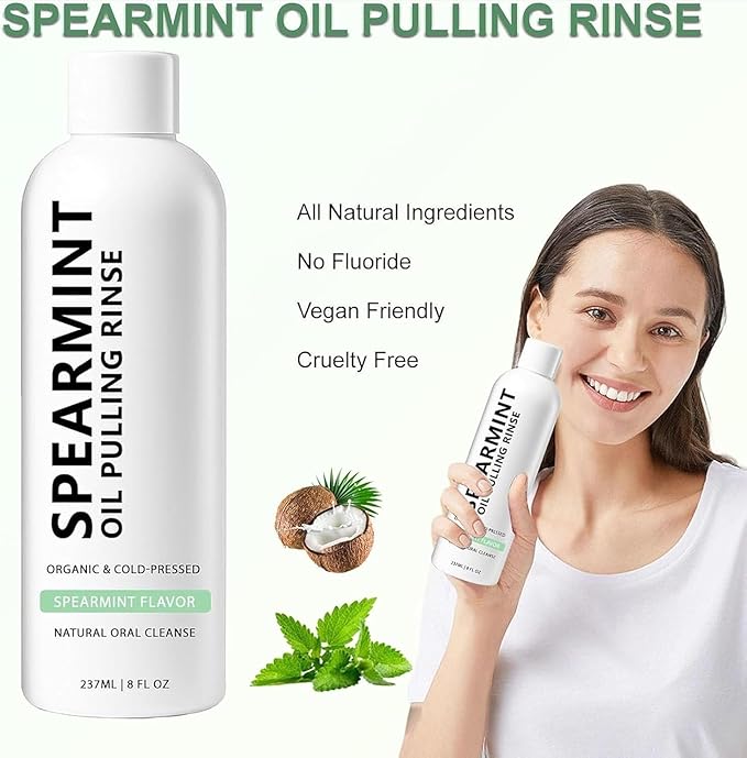 Spearmint Oil Pulling Rinse, Cold-Pressed Coconut Oil for Whitening Teeth, Peppermint Pulling Oil for Teeth and Gums, Pure Mint Mouthwash (2PCS*100ML)