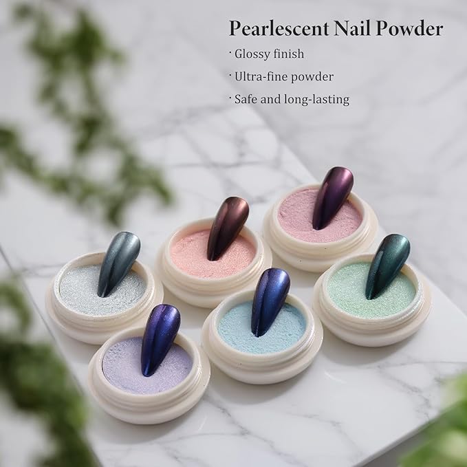 Pearl Chrome Nail Powder 6 Colors Metallic Mirror Effect Mermaid Chrome Powder Iridescent Aurora Nail Pigment Glitter Rubbing Dust for Nail Art Decoration Gel Polish