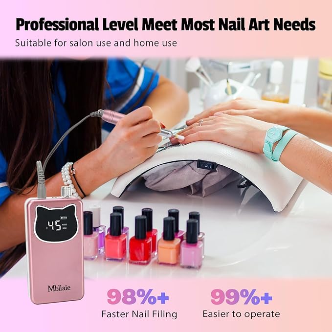Professional Nail Drill File 45000RPM Electric Portable Nails Drills Kit with Rechargeable 7 uñas Bits Cordless Efile for Poly Gel Acrylic Nails Remover Home Salon Pedicure Manicure Tool (Rose Pink)