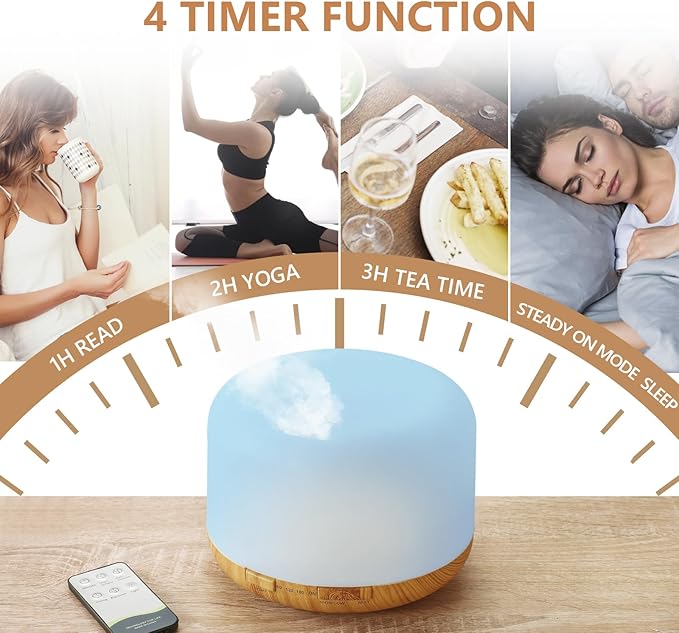 500ml Essential Oil Diffusers, Aromatherapy Diffuser with 2 Mist Mode 4 Timers＆7 Ambient Light Waterless Auto Off for Diffusers Large Room Home Office（15x5mL）